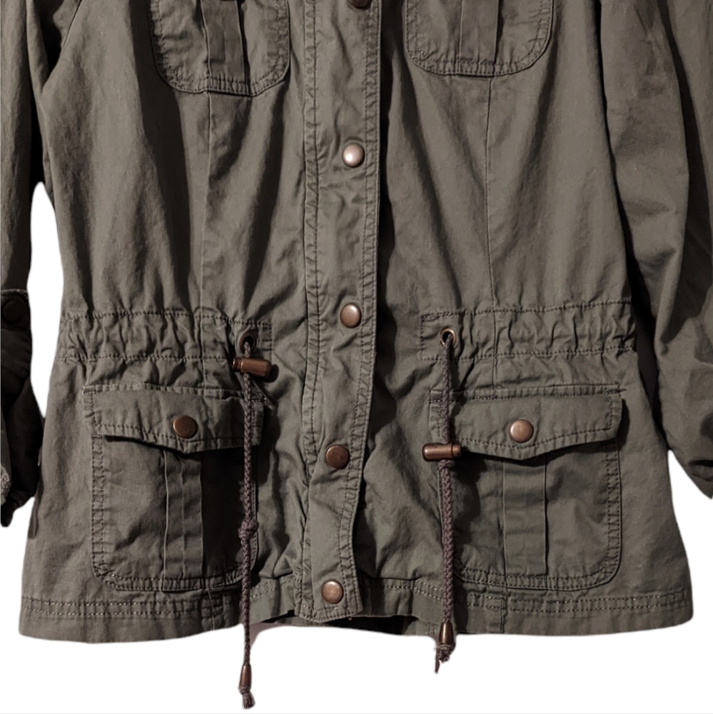 Ashley International Military Cotton Olive Zip Pull Tab Elastic Utility Jacket - Picture 3 of 15